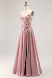 Sparkly Grey Pink Corset Floral A Line Long Prom Dress