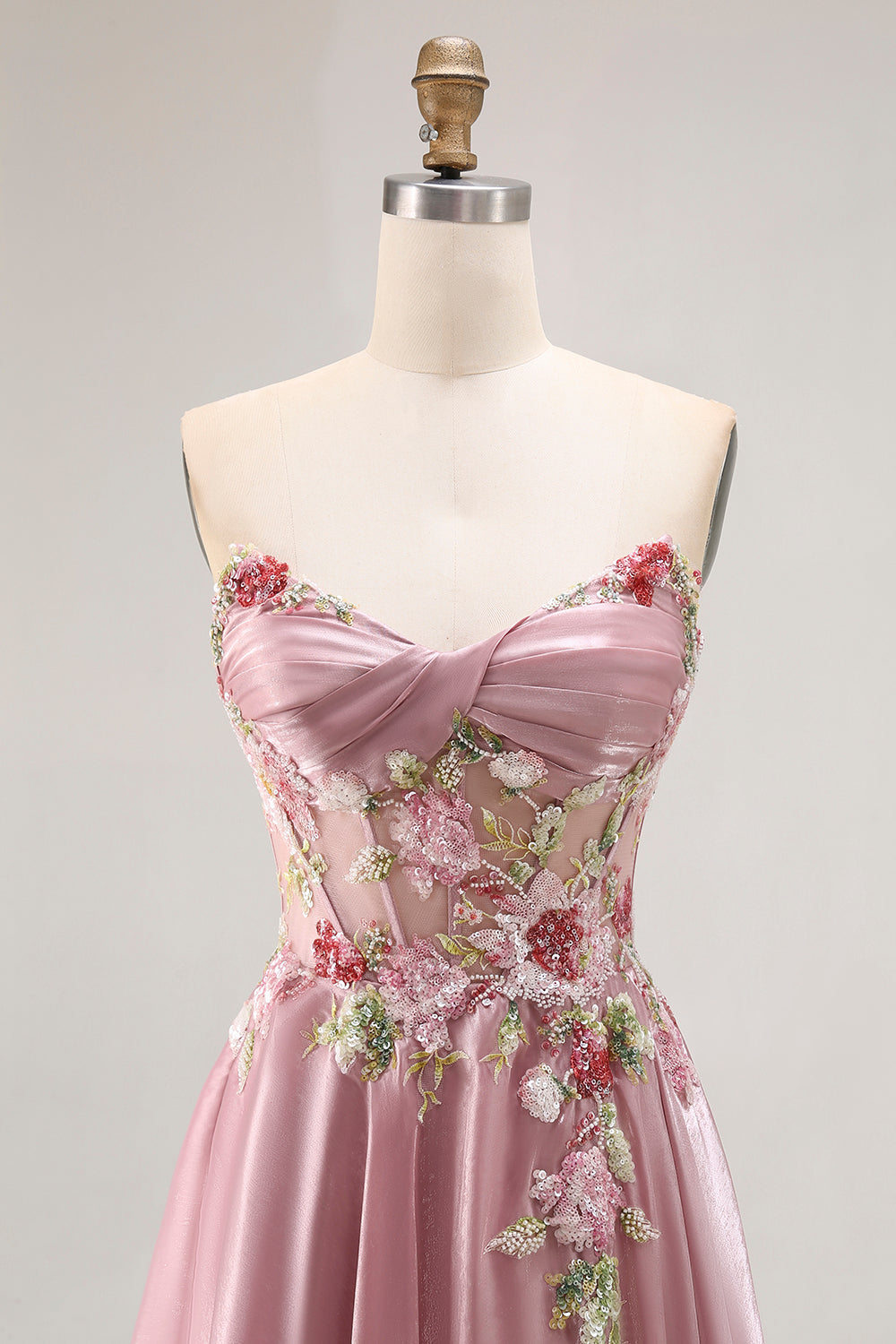 Sparkly Grey Pink Corset Floral A Line Long Prom Dress