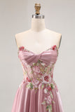 Sparkly Grey Pink Corset Floral A Line Long Prom Dress