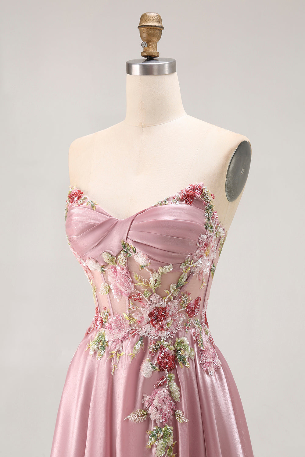 Sparkly Grey Pink Corset Floral A Line Long Prom Dress