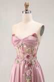 Sparkly Grey Pink Corset Floral A Line Long Prom Dress