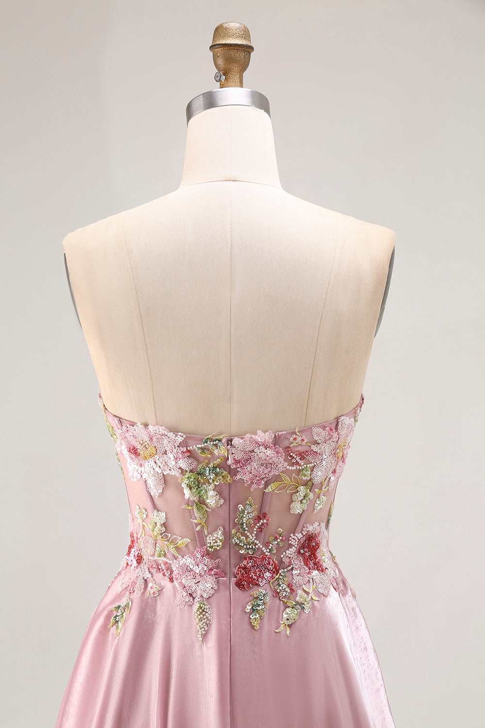 Sparkly Grey Pink Corset Floral A Line Long Prom Dress