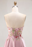 Sparkly Grey Pink Corset Floral A Line Long Prom Dress