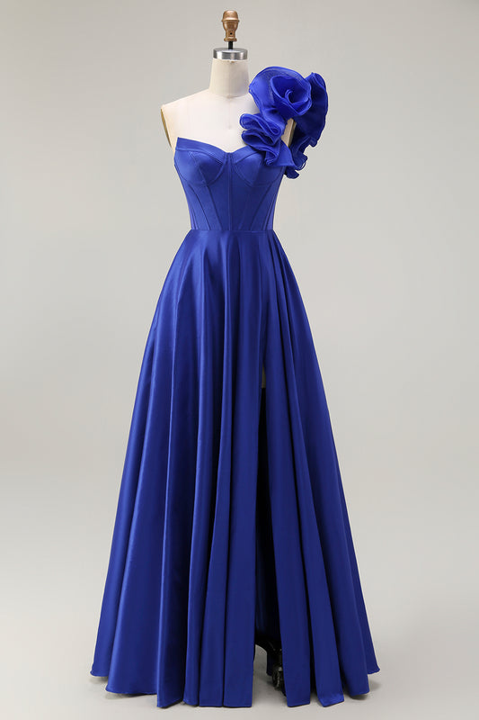 Royal Blue One Shoulder Corset Long Prom Dress with Slit
