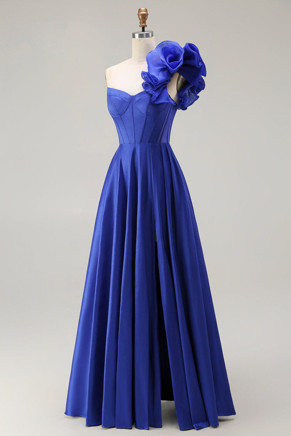 Royal Blue One Shoulder Corset Long Prom Dress with Slit