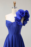 Royal Blue One Shoulder Corset Long Prom Dress with Slit