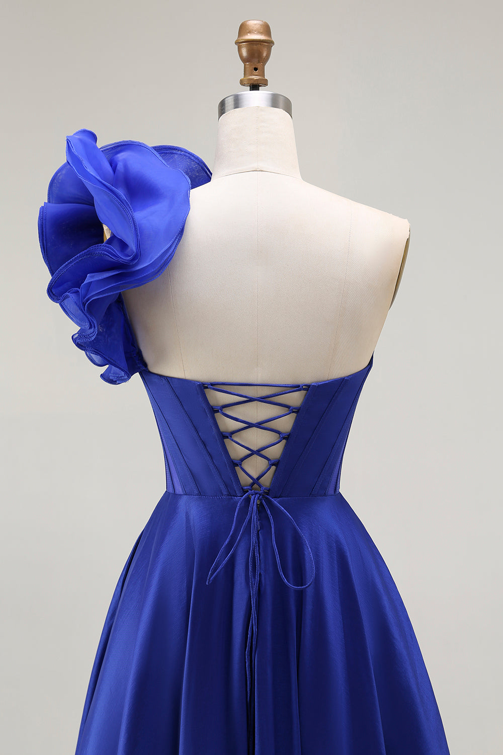 Royal Blue One Shoulder Corset Long Prom Dress with Slit