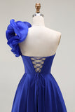 Royal Blue One Shoulder Corset Long Prom Dress with Slit