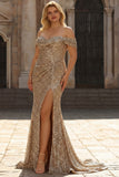 Plus Size Sparkly Champagne Mermaid Off the Shoulder Long Prom Dress with Slit