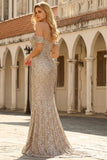 Sparkly Champagne Mermaid Off the Shoulder Long Prom Dress with Slit