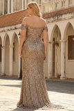 Plus Size Sparkly Champagne Mermaid Off the Shoulder Long Prom Dress with Slit