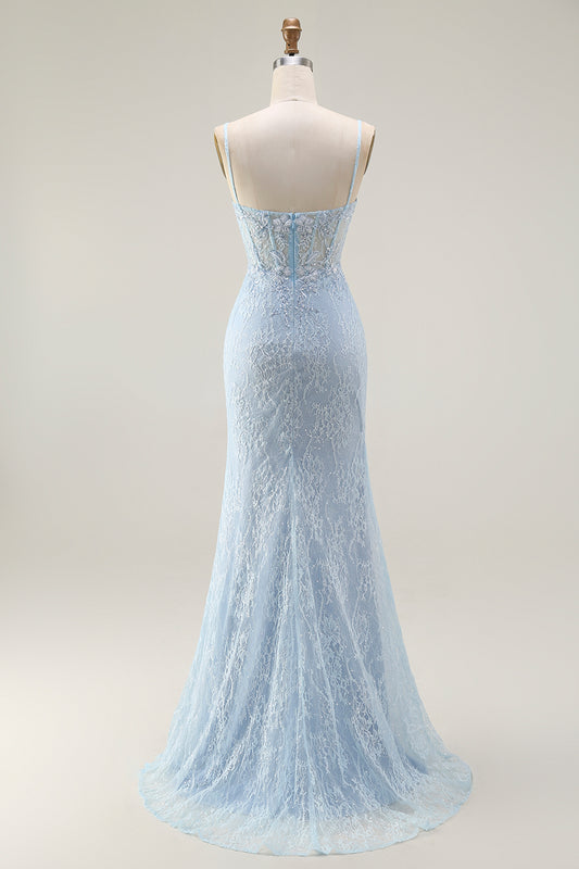 Sparkly Blue Lace Mermaid Corset Long Prom Dress with Slit