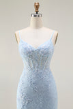 Sparkly Blue Lace Mermaid Corset Long Prom Dress with Slit