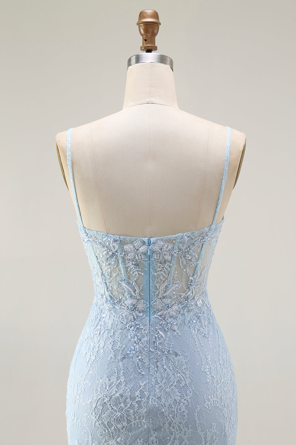 Sparkly Blue Lace Mermaid Corset Long Prom Dress with Slit