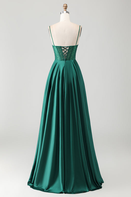 Sparkly Dark Green Long Corset Prom Dress with Rhinestones