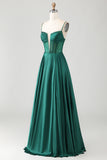 Sparkly Dark Green Long Corset Prom Dress with Rhinestones