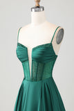 Sparkly Dark Green Long Corset Prom Dress with Rhinestones