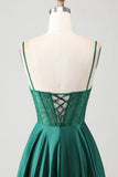 Sparkly Dark Green Long Corset Prom Dress with Rhinestones