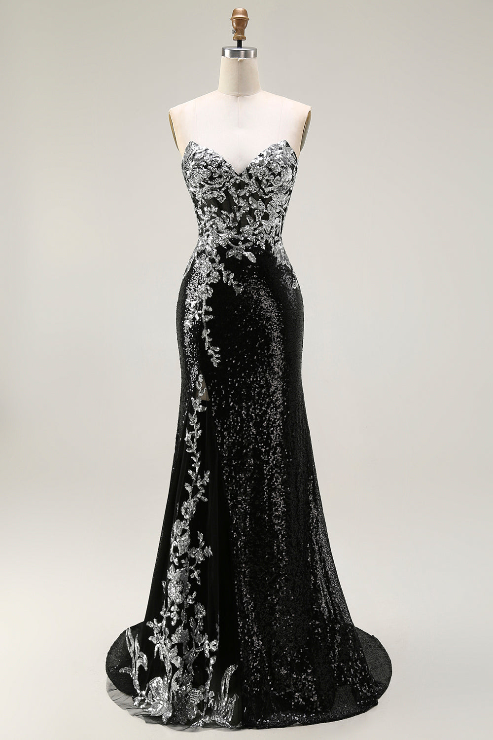 Zapakasa Women Sparkly Black Silver Sequin Long Prom Dress Strapless Mermaid Gala Dress