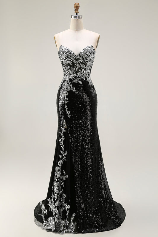 Sparkly Black Silver Sequin Strapless Mermaid Long Prom Dress