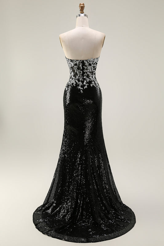 Sparkly Black Silver Sequin Strapless Mermaid Long Prom Dress