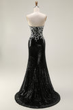 Sparkly Black Silver Sequin Strapless Mermaid Long Prom Dress