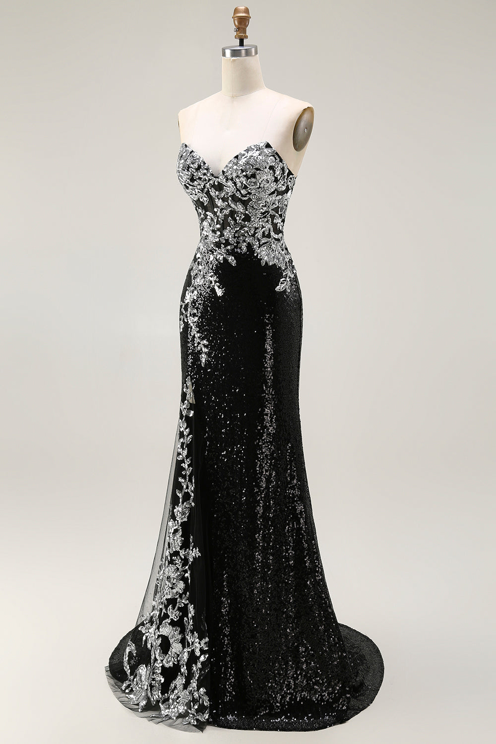 Sparkly Black Silver Sequin Strapless Mermaid Long Prom Dress