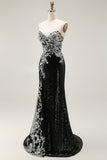 Sparkly Black Silver Sequin Strapless Mermaid Long Prom Dress