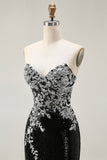 Sparkly Black Silver Sequin Strapless Mermaid Long Prom Dress