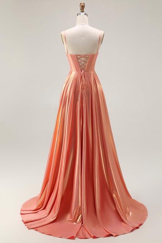 Sparkly Orange Metallic Spaghetti Straps Corset Long Prom Dress