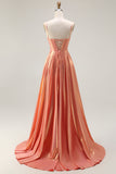 Sparkly Orange Metallic Spaghetti Straps Corset Long Prom Dress