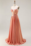 Sparkly Orange Metallic Spaghetti Straps Corset Long Prom Dress