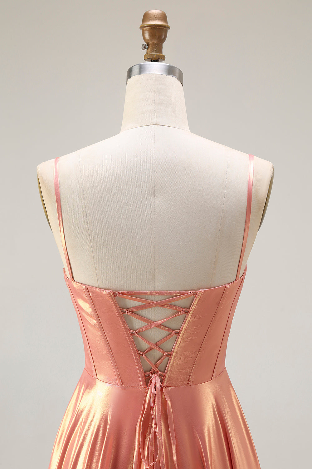 Sparkly Orange Metallic Spaghetti Straps Corset Long Prom Dress