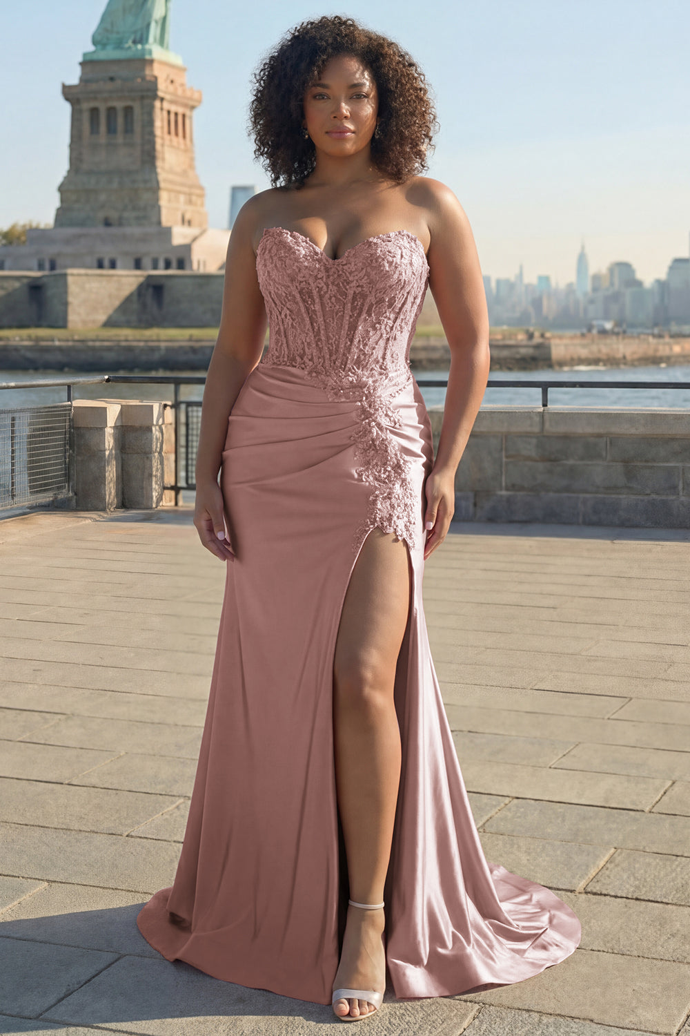 Plus Size Sparkly Blush Mermaid Corset Long Prom Dress with Slit