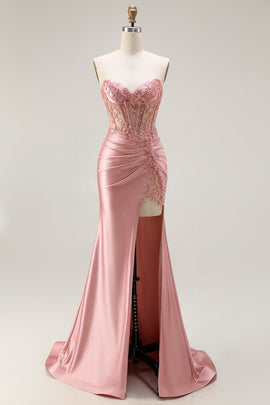 Sparkly Blush Mermaid Corset Long Prom Dress with Slit