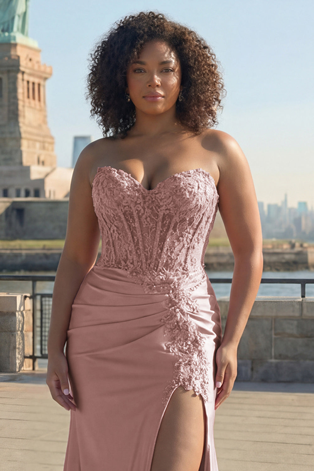 Plus Size Sparkly Blush Mermaid Corset Long Prom Dress with Slit