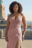 Plus Size Sparkly Blush Mermaid Corset Long Prom Dress with Slit
