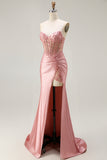 Sparkly Blush Mermaid Corset Long Prom Dress with Slit