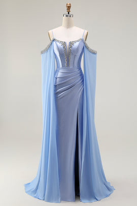 Sparkly Blue Cold Shoulder Mermaid Corset Long Prom Dress with Detachable Cape
