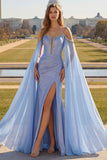 Sparkly Blue Cold Shoulder Mermaid Corset Long Prom Dress with Detachable Cape