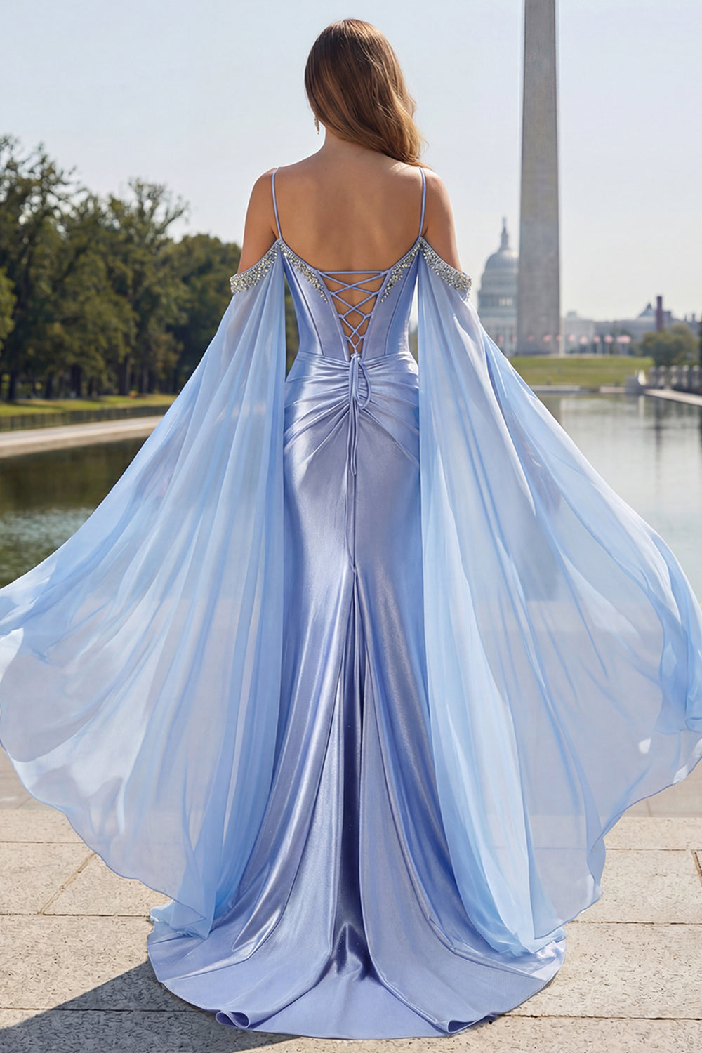 Sparkly Blue Cold Shoulder Mermaid Corset Long Prom Dress with Detachable Cape
