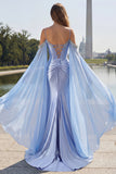 Sparkly Blue Cold Shoulder Mermaid Corset Long Prom Dress with Detachable Cape