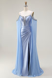 Sparkly Blue Cold Shoulder Mermaid Corset Long Prom Dress with Detachable Cape