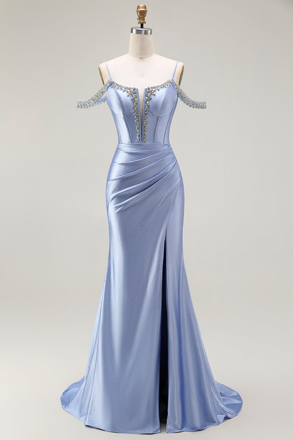 Sparkly Blue Cold Shoulder Mermaid Corset Long Prom Dress with Detachable Cape