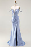 Sparkly Blue Cold Shoulder Mermaid Corset Long Prom Dress with Detachable Cape
