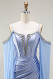 Sparkly Blue Cold Shoulder Mermaid Corset Long Prom Dress with Detachable Cape