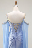 Sparkly Blue Cold Shoulder Mermaid Corset Long Prom Dress with Detachable Cape