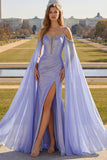 Sparkly Lilac Cold Shoulder Mermaid Corset Long Prom Dress with Detachable Cape