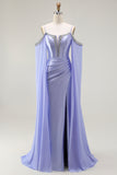 Sparkly Lilac Cold Shoulder Mermaid Corset Long Prom Dress with Detachable Cape