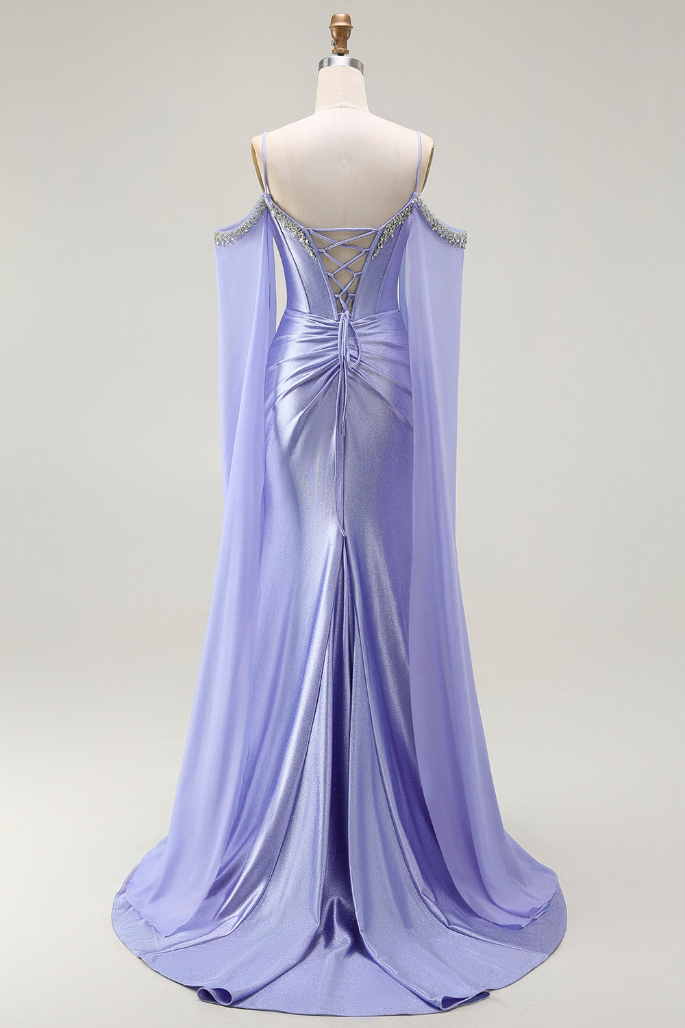 Sparkly Lilac Cold Shoulder Mermaid Corset Long Prom Dress with Detachable Cape